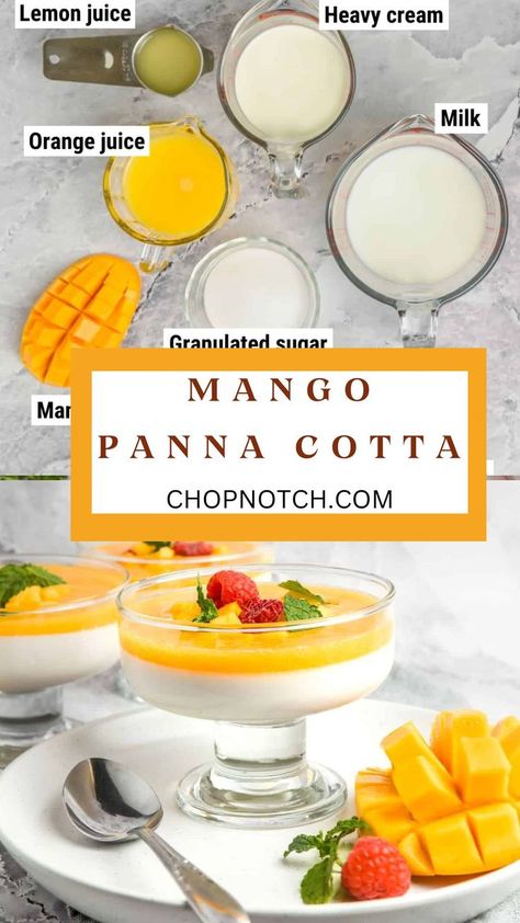 Indulge in the luxurious and refreshing flavors of our Mango Panna Cotta recipe! This elegant dessert combines the creamy, silky texture of classic panna cotta with the vibrant sweetness of ripe mangoes. Each spoonful offers a harmonious blend of rich cream and tropical fruit, perfect for a sophisticated finish to any meal! #MangoPannaCotta #TropicalDessert #ElegantDessert #SweetIndulgence #ChopNotchRecipe #HomemadeTreats #DessertInspiration #CreamyDelight #FruitDessert Tropical Fruit Dessert Recipes, Best Panna Cotta Recipe, Mango Panna Cotta Recipe, Luxury Desserts, Mango Panna Cotta, Fruity Dessert, Kid Cakes, Mango Dessert Recipes, Asian Dessert