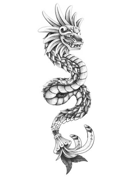 Aztec Dragon Tattoo Designs, Tattoo Ideas Aztec Mexican, Mexican Serpent Tattoo, Mexico Aztec Tattoo, Quetzalcoatl Back Tattoo, Aztec Snake Tattoo Design, Mexican Meaningful Tattoos, Mexican Dragon Tattoo, Small Aztec Tattoo For Women Mexican