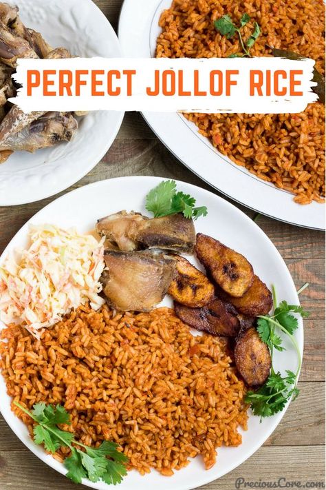 The perfect Jollof Rice! This one pot rice and chicken meal is one dinner recipe you will want to make over and over again! Simple ingredients, great results. Get the recipe on Precious Core. #Dinner #RiceRecipes #ChickenandRice Meat And Salad, Nigerian Jollof Rice, African Recipes Nigerian Food, Chicken And Rice Dishes, African Dishes, West African Food, Rice Food, Nigerian Recipes, Saffron Rice