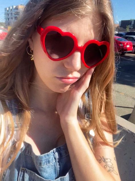 wearing red heart shaped sunglasses On my way! to farmers market Heart Shaped Sunglasses Outfit, Heart Shaped Glasses Aesthetic, Heart Shaped Sunglasses Aesthetic, Heart Sunglasses Outfit, Heart Sunglasses Aesthetic, Lola Aesthetic, Red Heart Shaped Sunglasses, Red Heart Glasses, Red Heart Sunglasses