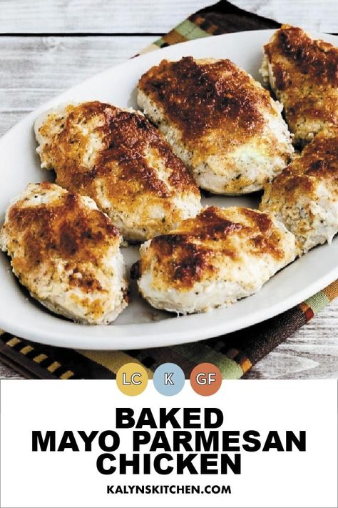 This Baked Mayo Parmesan Chicken is my version of a low-carb baked chicken dish that's been popular all over the internet! And if you like the idea of chicken topped with creamy mayo and delicious Parmesan cheese, I bet this is a chicken dinner you'll make over and over. [found on kalynskitchen.com] #InternetsBestChicken #BestBakedChicken #MayoParmesanChicken Mayo Parmesan Chicken, Mayo Chicken, Chicken Easy, Favorite Recipes Dinner, Parmesan Chicken, Chicken Dish, Low Carb Baking, Cheese Topping, Low Carb Gluten Free