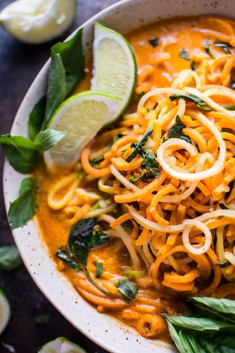 Soup With Zucchini, Sweet Potato Zucchini, Potato Zucchini, Spiralized Sweet Potato, Coconut Curry Soup, Vegan Dinner Recipes Easy, Vegetarian Comfort Food, Vegetable Noodles, Celery Root