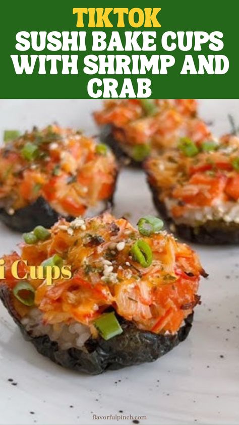 These Sushi Bake Cups with shrimps and crab are a lifesaver on busy weeknights. They're incredibly delicious, fun to make, and perfect for feeding a crowd, potluck. Sushi Shrimp Bake, Sushi Bake Shrimp And Crab, Shrimp Sushi Cups, Sushi Bake Recipe Hawaiian, Sushi Bake Crab, Crab Sushi Recipes, Baked Sushi Cups, Shrimp Sushi Bake, Sushi Bake Cups