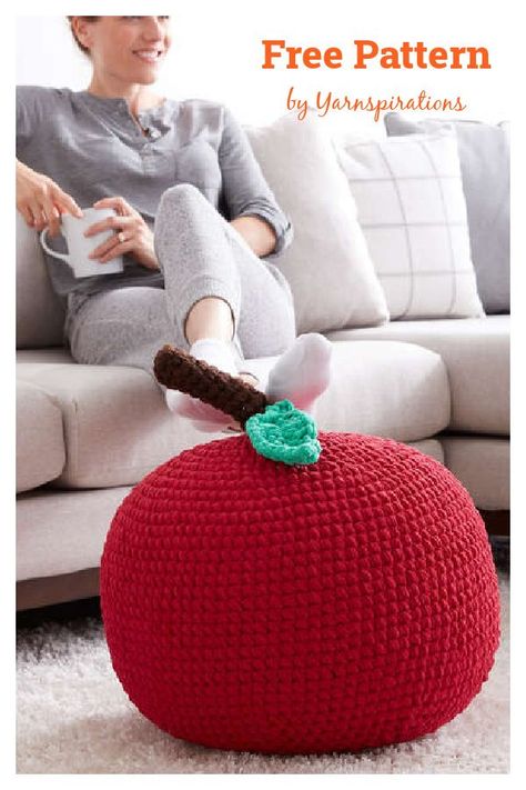 Giant Apple a Day Fruit Pouf Free Crochet Pattern Large Crochet Ball Free Pattern, Crochet Ball Pillow Pattern Free, Crochet Pouf Pattern Free, Crochet Bean Bag, Yarn Activities, Crochet Floor Pouf, Jumbo Crochet, Chunky Yarn Crochet, Functional Crafts