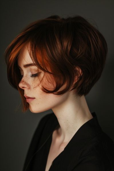 21  Pixie Bob Haircuts: The Perfect Blend Of Chic And Playful Auburn Hair Pixie Haircut, Long In Front Short In Back Haircut, Rounded Pixie Haircut, Short Haircut Red Hair, Long "bixie" Haircut, Choppy Bob With Undercut, Winter Pixie Haircut, Long Pixie Haircut For Round Faces, Dark Red Pixie Haircut