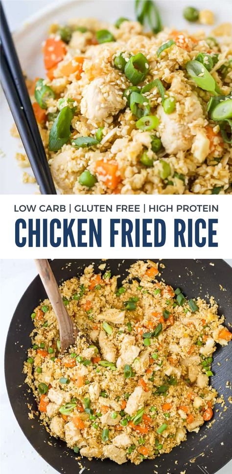 This 15 Minute Cauliflower Chicken Fried Rice is not only fast, it is packed with flavor AND healthy! Low carb, high protein, gluten free, and flipping delicious! It’s way better than your takeout chicken fried rice and tons healthier for you. The perfect quick & easy weeknight dinner recipe. High Protein Cauliflower Rice Recipes, Gluten Free Chicken Fried Rice, High Protein Fried Rice, Protein Chicken Fried Rice, High Protein Chicken Fried Rice, Chicken Fried Rice Recipe Healthy, Low Cal Chicken Fried Rice, Healthy Chicken Fried Rice, Low Fodmap Chicken Fried Rice