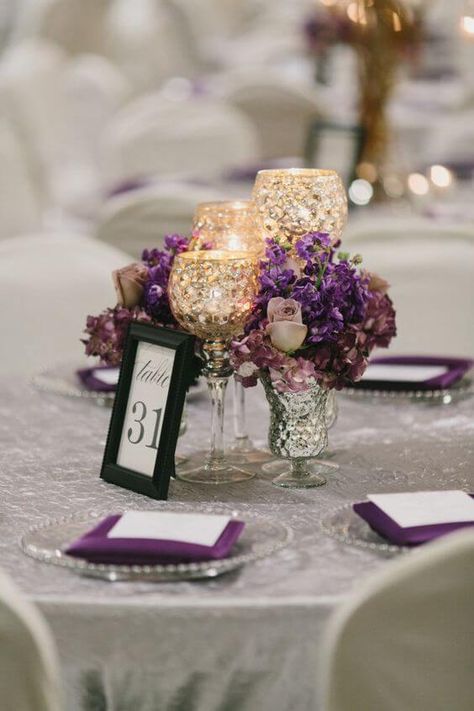 October Wedding Colors, Purple Fall Wedding, Purple Wedding Centerpieces, Purple Centerpieces, Purple And Gold Wedding, Gold Wedding Colors, Wedding Color Inspiration, Elegant Centerpieces, Wedding Centerpieces Diy