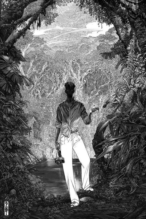 Evan Cagle - Dark Tropic_RAW INK Evan Cagle, Tomer Hanuka, Otto Schmidt, Good Knight, White Drawing, Black And White Drawing, Black And White Illustration, Ink Illustrations, 판타지 아트