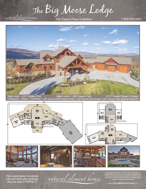 Big Moose Lodge | Natural Element Homes | Classic Plans Log Mansion Floor Plans, Luxury Log Cabin Floor Plans, Hunting Lodge Plans, Lodge Home Plans, Rustic House Floor Plans, Lodge Layout, Mountain Lodge House Plans, Mountain Home Plans, Lodge Floor Plans