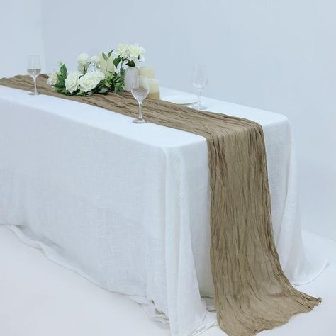 10FT Natural Cheesecloth Table Runner, Gauze Fabric Boho Wedding Arbor Decor | eFavorMart Arbor Decor, Cheesecloth Table Runner, Wedding Arch Rustic, Rustic Table Runners, Boho Table Runner, Wedding Tablecloths, Cotton Wedding, Wedding Arbour, Sand Ceremony