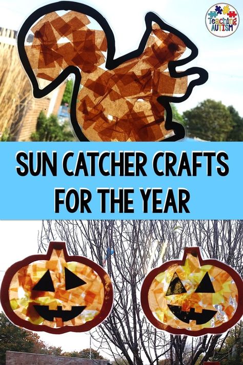 My kids love to make these sun catcher crafts, and they look great on display in our classroom. So, now we make sun catcher crafts all year round to decorate our room! #KidsCrafts #CraftsForKids Fall Sun Catchers Preschool, Pumpkin Sun Catchers For Kids, Window Crafts For Kids, Sun Catcher Craft, Preschool Art Display, Pumpkin Craft Kindergarten, Fall Kindergarten Crafts, Classroom Art Display, Art Display Kids