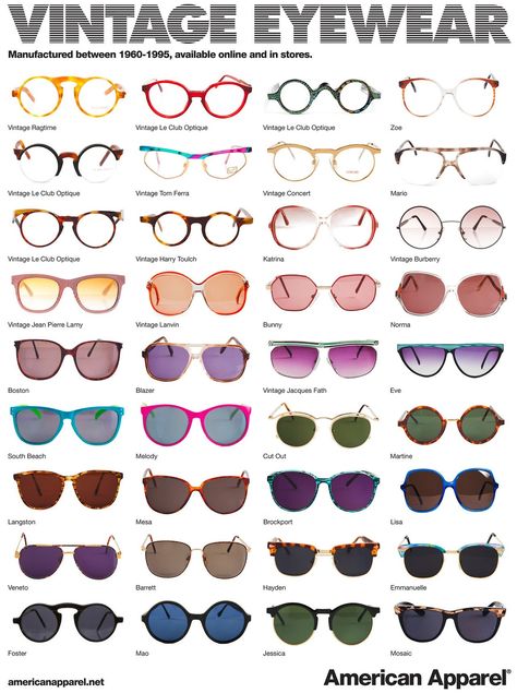 Vintage Sunglasses from the 60s to the 90s Types Of Sunglasses, 90s Sunglasses, Cute Sunglasses, Cute Glasses, Fashion Vocabulary, Trendy Sunglasses, Trending Sunglasses, Vintage Eyewear, Cool Sunglasses