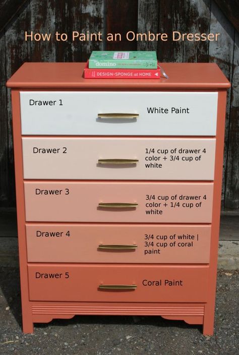 How to Paint an Ombre Dresser. I have done this 4 times now. I love the effect, makes an ordinary piece of furniture very unique! Orange Dresser, Ombre Paint, Diy Ombre, Painted Drawers, Interior Vintage, Painted Dresser, Bohol, Refurbished Furniture, Paint Furniture