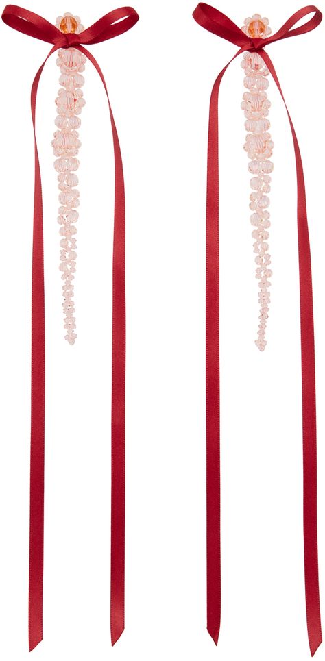 Pair of drop earrings in red and pink. · Bow appliqué at face · Beaded detailing at drop · Post-stud fastening · H11 x W0.5 Supplier color: Pink/Red Simone Rocha Aesthetic, Jellyfish Haircut, Fancy Ribbon, 2024 Aesthetic, Fka Twigs, Bows Diy Ribbon, 2024 Style, Long Necklaces, Bow Ribbon