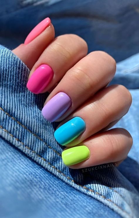 Cute Color Combos For Nails, Multi Color Neon Nails, Bright Happy Nails, Almond Acrylic Nails Pastel, Spring Rainbow Nails, Kids Rainbow Nails, The Dye Nails, Simple Nails One Color, Both Hands Different Color Nails