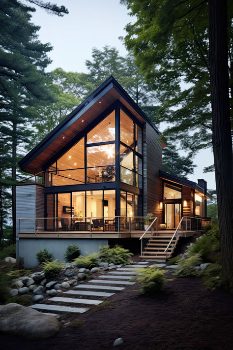 #modern, #moderncottage, #moderncottagehouse, #cottagedsedign Forest Home Interior Design, Modern Mountain Cabins, Modern Camp House, Contemporary Cabin Exterior, Airbnb Mountain Cabin, Wood Cabin Design, Mountain Modern Home Exterior, Modern Cabin Exterior, Modern Mountain Home Exterior