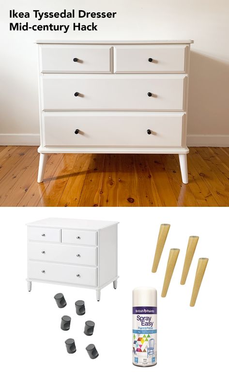 French provincial wasn't my style but I found the IKEA Tyssedal dresser for $40 secondhand and gave it a mid century twist using: - four pine angled furniture legs from Ebay ($25) - six matte black fingerpost knobs from Bunnings ($19) - white paint we had spare (but would have bough spray easy paint and prime if needed for $9)  I painted first coat on the legs, sanded it lightly, applied a second coat and used the hardware provided with Tyssedal to mount them, and simply replaced the knobs! Tyssedal Ikea Hack, Tyssedal Dresser, Tyssedal Ikea, Ikea Tyssedal, Ikea Dresser Hack, Dresser Hack, Ikea Drawers, Ikea Dresser, Mid Century Dresser