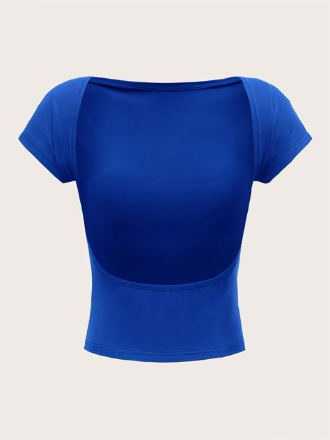 Solid Backless Batwing Sleeve Tee Royal Blue Sexy  Cap Sleeve Knitted Fabric Plain  Medium Stretch Summer Women Clothing, size features are:Bust: ,Length: ,Sleeve Length: Blue Backless Top, Cute Simple Tops, Royal Blue Crop Top, Tshirts Women, Royal Blue Top, Body Outfit, Cute Pants, Backless Top, Blue Crop Tops