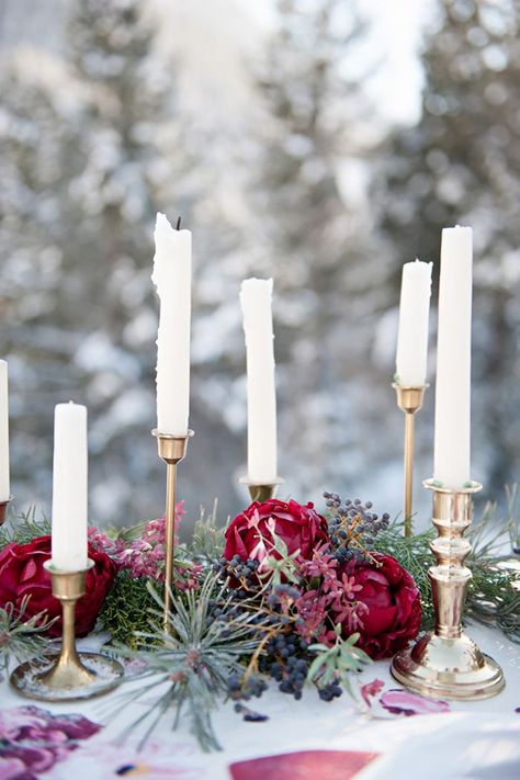 winter wedding inspiration with pine needle and red floral table garland Christmas Tree Inspiration Red And Gold, Tree Inspiration, Table Garland, Winter Centerpieces, Marsala Wedding, Christmas Tree Inspiration, Winter Wedding Ideas, Winter Wedding Inspiration, Wedding Palette