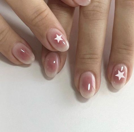 Gel X Nails Coquette, Star Nails Design Simple, Basic Nail Art For Short Nails, Airbrush Short Nails, Pink Nails Stars, Short Natural Nail Designs Gel, Cute Simple Pink Nails, Short Japanese Nails, Simple Hello Kitty Nails