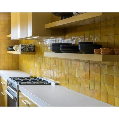 Yellow Tile Kitchen, Yellow Kitchen Tiles, Mustard Kitchen, Tile House, Whimsical Kitchen, Moroccan Zellige, Yellow Tile, Traditional Tile, Moroccan Mosaic