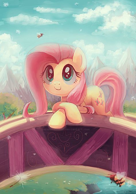 #648330 - artist:lazyperson202, bee, bridge, c:, cloud, cloudy, cute, daaaaaaaaaaaw, dandelion, featured image, filli vanilli, fluttershy, forest, hnnng, leaning, looking up, mountain, mountain range, river, safe, scene interpretation, shyabetes, smiling, solo, tree, watching, weapons-grade cute, wingding eyes, wingless - Derpibooru - My Little Pony: Friendship is Magic Imageboard Fluttershy Cute, Horse Anime, Mlp Fluttershy, Mane 6, Mlp Art, My Little Pony Wallpaper, Cute Ponies, My Lil Pony, Mlp Fan Art