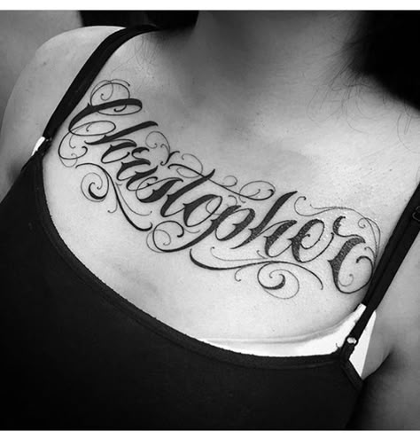 Chest Lettering Tattoo Female, Chest Script Tattoo Female, Name Chest Tattoo Female, Chest Name Tattoo Female, Name Tattoo On Chest Female, Chula Tattoo, Chest Tattoo Name, Font Tattoos, Father Son Tattoo