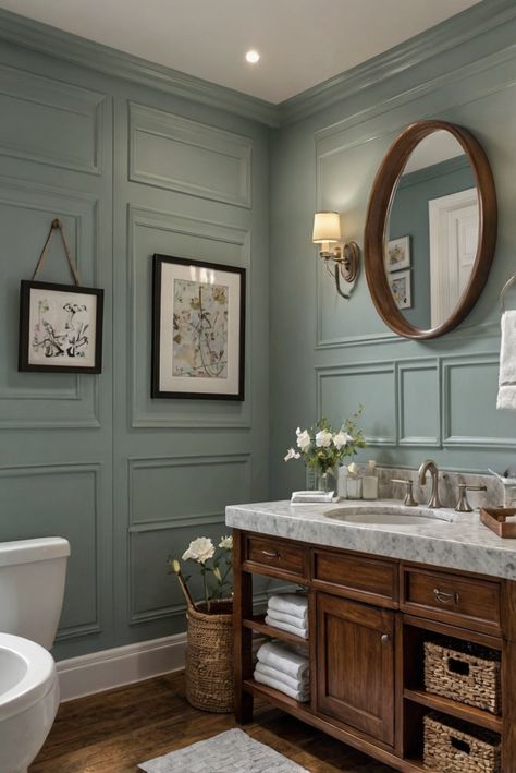 bathroom paint colors, bathroom wall paint, bathroom interior design, bathroom decor ideas Hall Bathroom Color Ideas, Teal Bathroom Walls, Bathroom Color Schemes Blue, Paint For Bathroom Walls, Bathroom Colors For 2024, Bathroom Color Schemes Gray, Blue And Green Bathroom, Blue Green Bathrooms, Bathroom Wall Colors