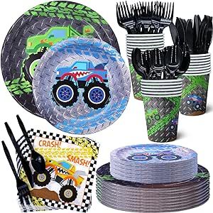 Party Plates And Napkins, Monster Truck Party Favors, Monster Truck Birthday Party, Truck Party Favors, Circus 1st Birthdays, Truck Birthday Party, Monster Truck Party, Monster Truck Birthday, Plastic Forks