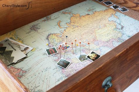 This map-lined DIY shadow box drawer is the perfect way to display travel souvenirs and show where you’ve been. It’s easy and inexpensive! Diy Maps, Travel Display, Diy Souvenirs, Diy Box Crafts, Travel Map Diy, Diy Shadow Box, Travel Memorabilia, Map Background, Vacation Memories