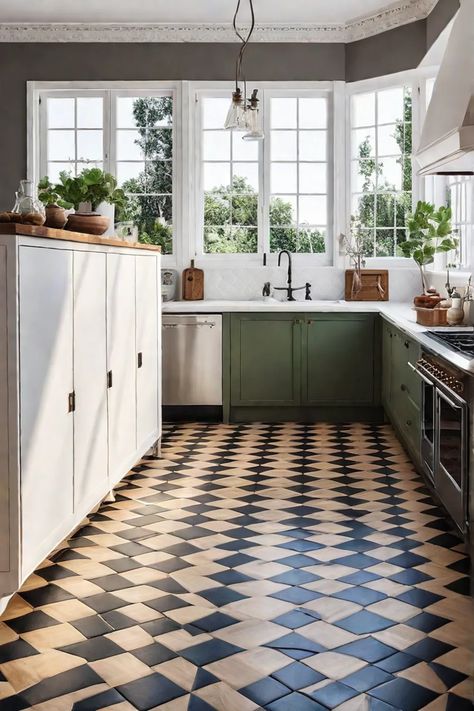 A vintagestyle kitchen with linoleum flooring capturing its durable and ecofriendly appeal Cottage Kitchen Flooring, Cottage Kitchen Floor, Linoleum Flooring Kitchen, Kitchen Flooring Ideas, Lvp Flooring, Eco Friendly Kitchen, Linoleum Flooring, Cottage Kitchen, Flooring Ideas