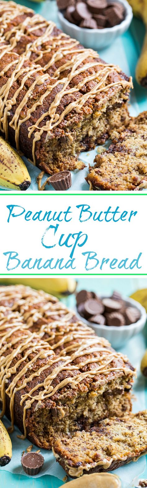 Peanut Butter Cup Banana Bread is full of chocolate and peanut butter. A full 1 1/2 cups of mini Reese’s Peanut Butter Cups are added to the batter and for even more yumminess a peanut butter glaze is drizzled on top. Peanut Butter Cup Banana Bread, Cup Banana Bread, Peanut Butter Glaze, Mini Peanut Butter Cups, Butter Glaze, Bread Rolls Recipe, Breaking Bread, Chocolate And Peanut Butter, Southern Kitchen