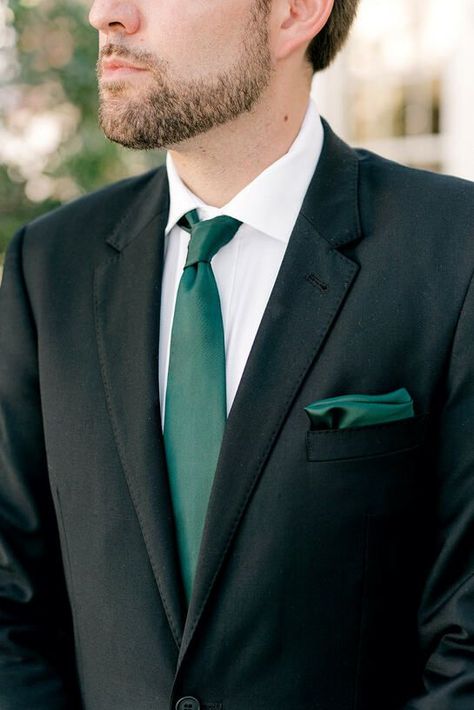 Black Suit With Green Tie, Black Suit Green Tie, Suit With Green Tie, Green And Black Suit, Man Wearing A Suit, Green Tux, Forest Green Bridesmaid Dresses, Groom Suit Black, Satin Colors