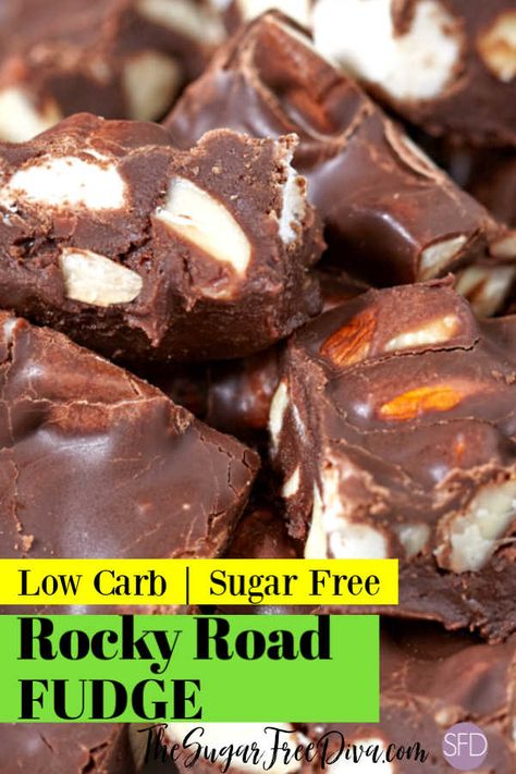 Sugar Free Rocky Road Fudge #sugarfree #lowcarb #fudge #homemade #candy #recipe #keto Fudge Homemade, Sugar Free Fudge, Fudge Candy, Rocky Road Fudge, Low Carb Candy, Sugar Free Baking, Sugar Free Recipes Desserts, Sugar Free Treats, Sugar Free Sweets