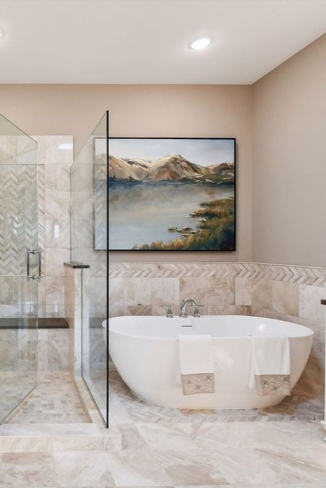 _____ Traditional classic interior design, cream beige floor tiles and backsplash, primary bathroom freestanding tub with shower Freestanding Tub With Shower, Bathroom Freestanding Tub, Beige Floor Tile, Ron Clark, Cream Bathroom, Beige Floor, Bathroom Freestanding, Primary Bathroom, Classic Interior Design