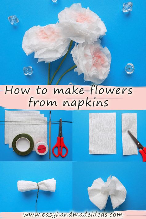 Beautiful flowers from paper napkins in 12 steps. See the full tutorial on the website! Diy Napkin Flowers, Paper Napkin Flowers, Napkin Flowers Diy, Octopus Crafts, Paper Flowers Diy Easy, Tissue Paper Flowers Diy, Poster Diy, Rose Crafts, Plant Crafts