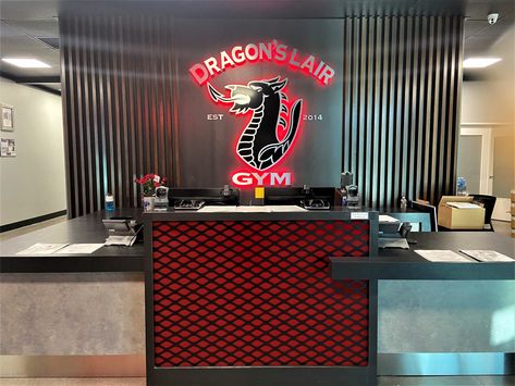 Gym Reception Design Interior, Red Reception Desk, Gym Reception Design, Gym Reception Desk, Gym Reception, Luxury Reception Desks, Reception Counter Design, Reception Desk Design, Gym Interior