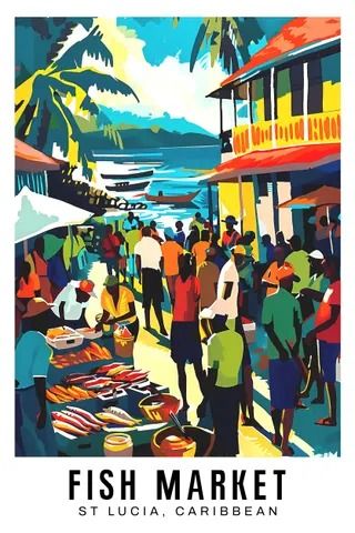 WestIndiesArtCo - Etsy UK St Lucia Painting, West Indies Art, Food Posters, Carribean Food, Vacation List, Print Techniques, Caribbean Art, Caribbean Beaches, Fish Market