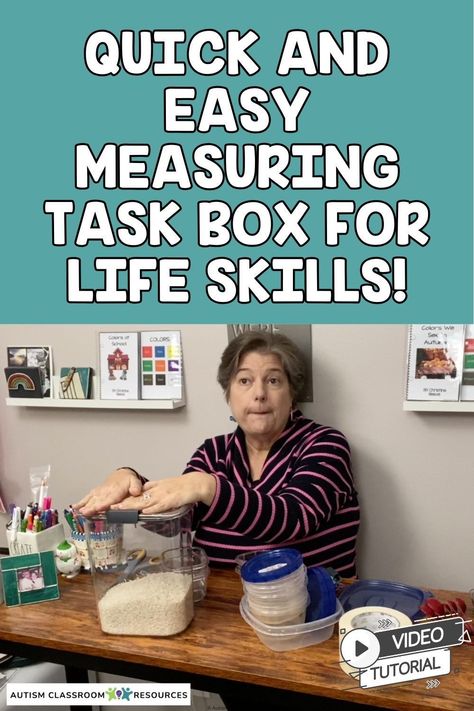 Looking for quick and easy diy task boxes for special education and life skills students? This quick video tutorial (or blog post) will walk you through a great task that is easy to make with materials you have as well as functional and meaningful for your life skills students. It's great for teaching measurement of dry ingredients for cooking as well as for practicing those skills at independent work stations. Plus it's easy to switch it up to keep it fresh for the students. Check it out now! Task Boxes For Special Education, High School Special Education Classroom, Teaching Measurement, Sensory Classroom, Vocational Tasks, Independent Work Stations, Telling Time Practice, High School Special Education, Life Skills Curriculum