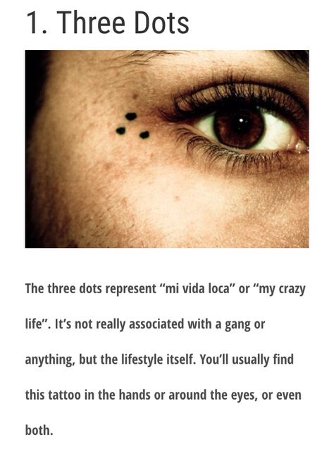 Dot Tattoos Meaning, Mi Vida Loca Tattoo Dots, Dot Face Tattoo, Small Gang Tattoos, Tat Meanings, Manic Tattoos, Gang Signs Meanings, 3 Dots Tattoo Meaning, Liberation Tattoo