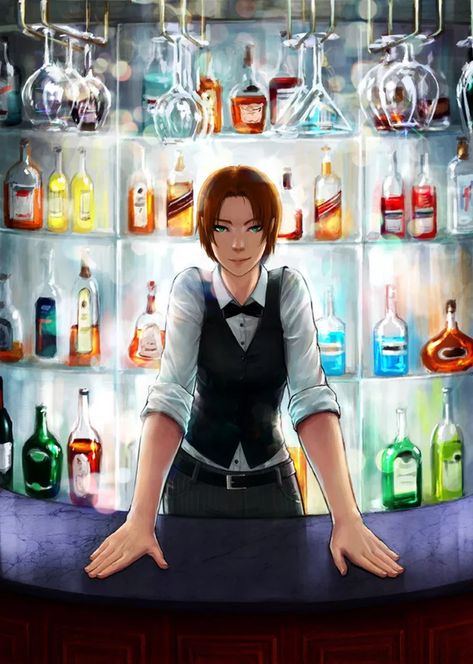 Bartender Anime, Female Bartender, Bartender Outfit, Idle Game, Creative Visualization, Rpg Characters, Home Bar Decor, Drawing Clothes, Urban Fantasy