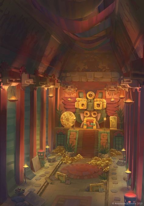 Some explorations for Chief's Throne room for the setting I started during Box of Mystery Artstation Challenge Mayan Temple Concept Art, Aztec Temple Interior, Aztec Jungle Art, Aztec Architecture Art, Aztec Environment Concept Art, Aztec Temple Concept Art, Mesoamerican Aesthetic, Aztec Concept Art, Aztec Environment