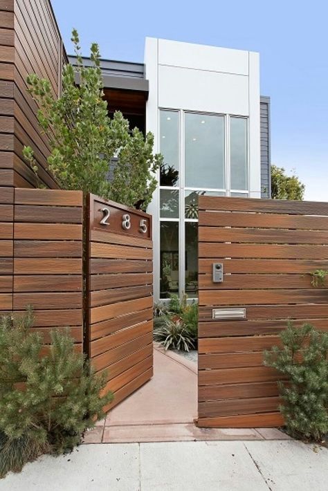 Modern Fences, Gabion Stone, Wood Fence Gates, Backyard Gates, Wood Fence Design, Composite Cladding, Fence Gate Design, Modern Fence Design, Privacy Fence Designs