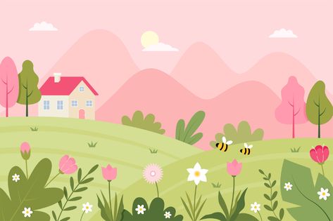 Spring Landscape Illustration on Behance Cute Wallpapers Landscape, Flower Garden Background, Cute Backgrounds Landscape, Landscape Vector, Background Cute, Aesthetic Background Landscape, Wallpaper Edgy, Background Retro, Spring Cartoon