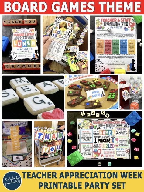 Teacher appreciation week is a perfect time to celebrate the hard work that teachers put into their jobs. Show them that you are not playing any games when you say you appreciate them to pieces and would be completely puzzled without them. This board game theme printable party pack comes equipped with everything you need to host a fun filled board game-themed teacher appreciation week!          Appreciate your teachers to pieces with the following customizable items: Board game theme pri Appreciation Theme Party Ideas, Board Game Staff Appreciation, Teacher Appreciation Week Game Theme, Get In The Game School Theme, Teacher Appreciation Week For Staff, Football Themed Staff Appreciation, Game Themed Teacher Appreciation Week, Staff Appreciation Week Theme Ideas, Game Theme Teacher Appreciation