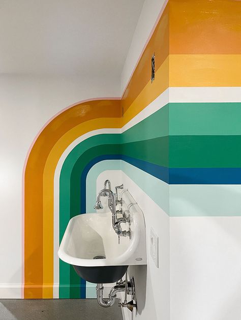 Drink a mural by Racheal Jackson of Banyan Bridges Funky Wall Paint, Funky Wall Paint Ideas, Banyan Bridges, Sun Mural, Colourful Mural, Paint Design Ideas, Wall Paint Ideas, Bathroom Mural, Wall Murals Diy