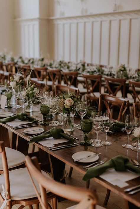 Olive Wedding Table Decor, Green Plants Table Decor, Olive Green Table Linen Wedding, Wedding Table With Napkins Only, Green Napkin Wedding Place Setting, Rustic Trestle Table, Olive Napkin Wedding, Narrow Wedding Table Decorations, Trestle Table Decor