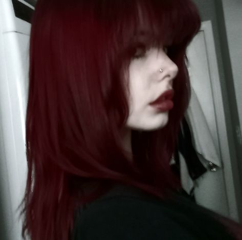 #hair #redhair #red #alt #bangs #layers #emo Red Hair Grown Out, Red Grunge Hair Aesthetic, Emo Striped Hair, Red Hair Dark Highlights, Long Maroon Hair, Dark Red Alt Hair, Dark Purple Hair Pale Skin, Red And Black Split Dye Hair, Hair Ideas Alternative