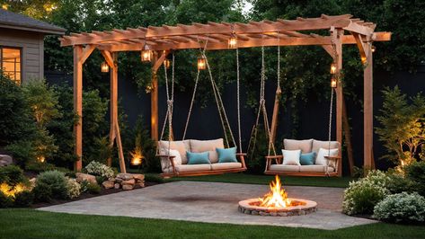 Backyard Swing Ideas, Small Garden Design Ideas Low Maintenance, Pergola Fire Pit, Balcony Patio Ideas, Mobile Bar Cart, Small Garden Design Ideas, Lake House Exterior, Home Courtyard, Fire Pit Garden