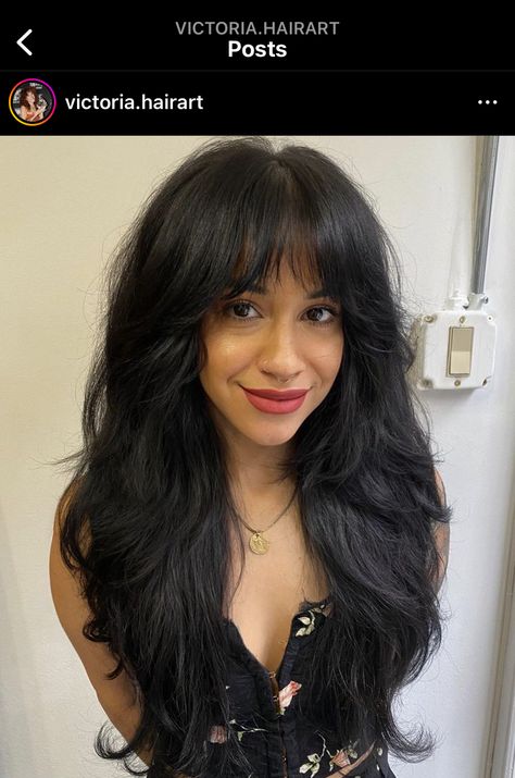 Jet Black Hair With Bangs, Black Hair With Bangs, Black Hair Bangs, Wolf Cuts, Jet Black Hair, Cute Haircuts, Dye Ideas, Hair With Bangs, Hair Color And Cut